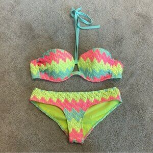 Victorias Secret pink blue yellow knit zigzag print two piece bikini swimsuit